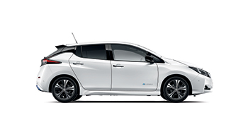 Sideview of white Nissan Leaf